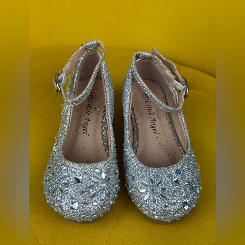Little Angel SOPHIE Silver Glitter Wedge Shoe w/ Straps Size 5